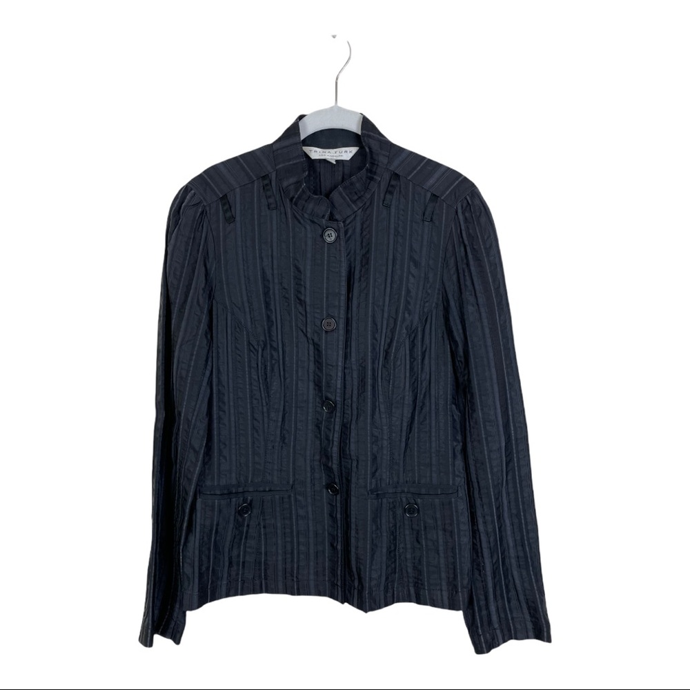 Trina Turk Size 12 Black Ribbed Long Sleeve Button Up Mock Neck Jacket